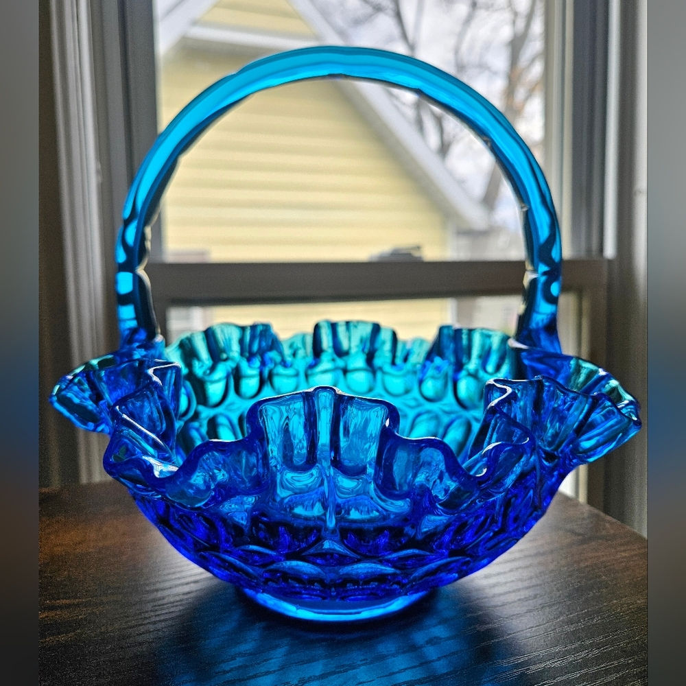 Fenton Cobalt Blue Ruffled Glass Basket